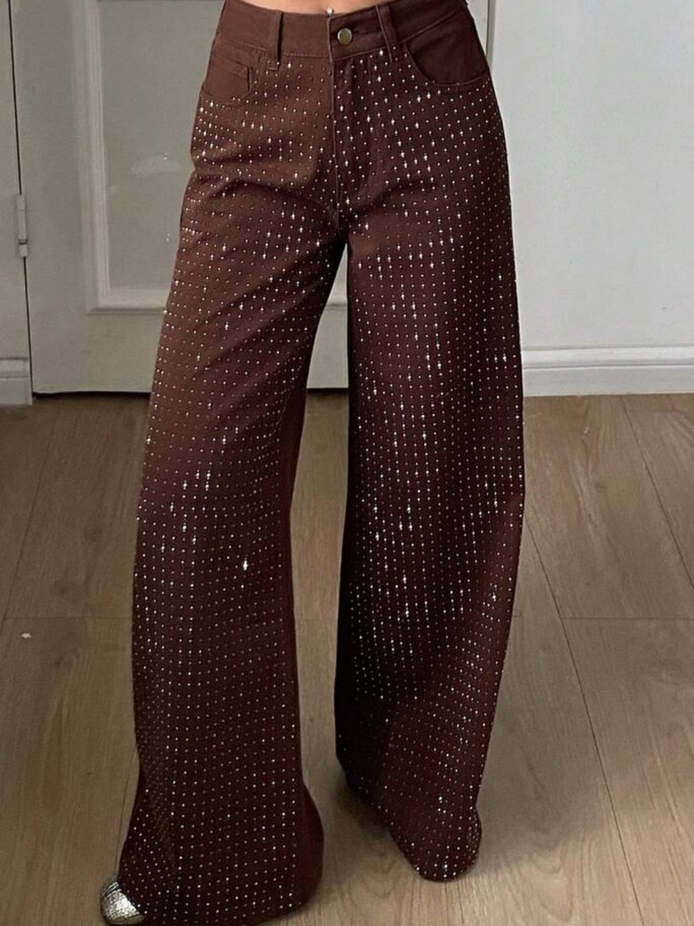 Women's Regular Waist Rhinestone Embellished Loose Straight L